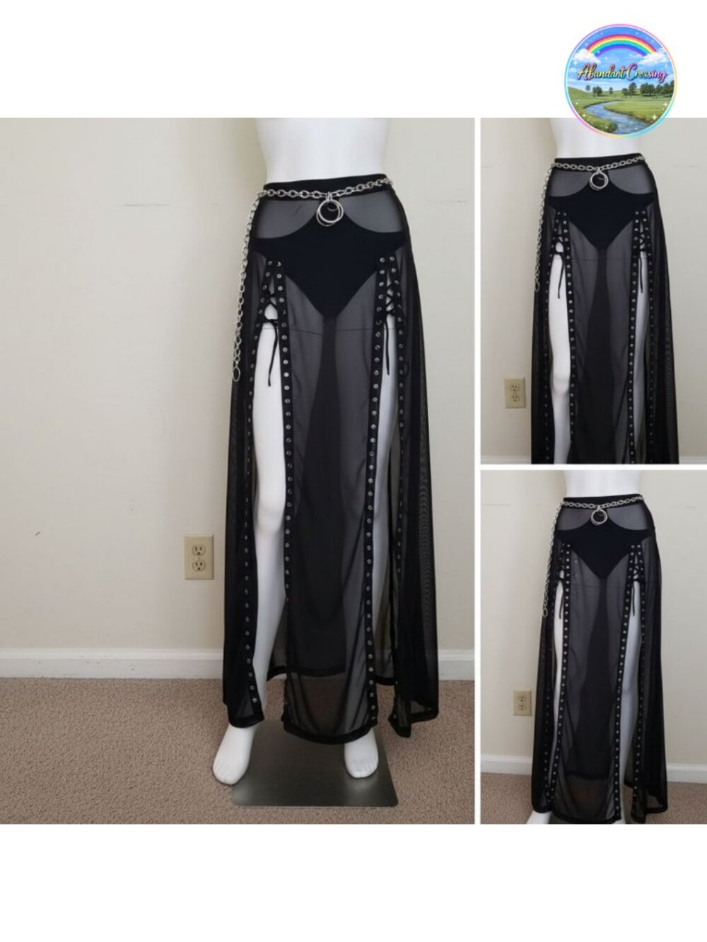 Goth Double Slit Maxi Skirt Sheer Mesh High Waist Lace Party Skirt